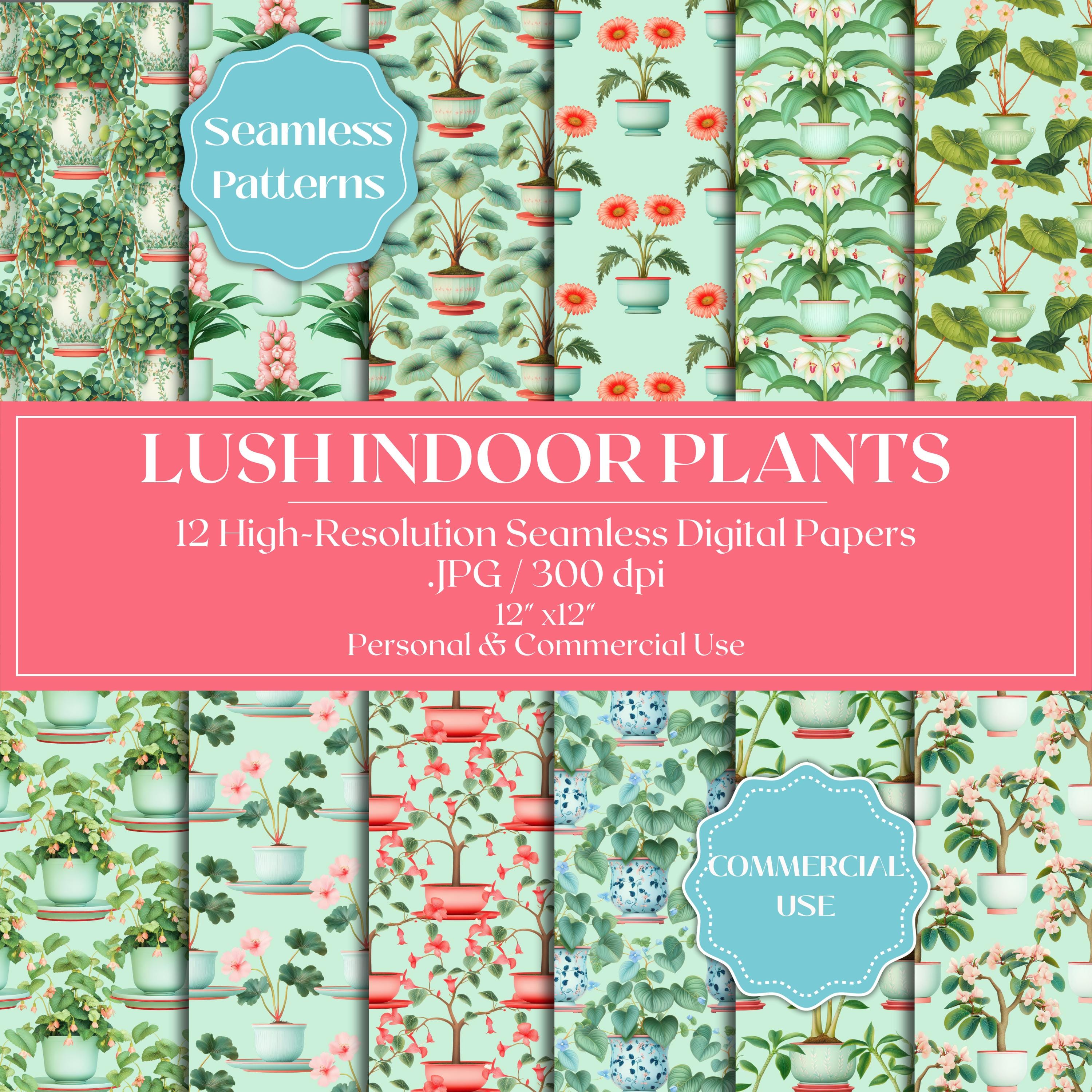 Lush Indoor Plants Digital Paper Pack, Indoor Greenery Scrapbook Paper, Potted Plants Seamless Patterns, Botanical Houseplant Backgrounds