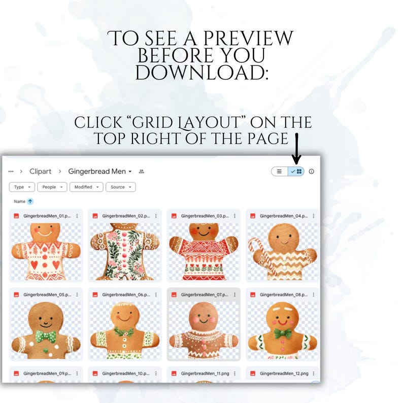 Puede incluir: Una interfaz de archivo digital que muestra una cuadr&iacute;cula de doce ilustraciones de hombres de jengibre. El texto en la parte superior dice: TO SEE A PREVIEW BEFORE YOU DOWNLOAD: CLICK GRID LAYOUT ON THE TOP RIGHT OF THE PAGE. Las figuras var&iacute;an.