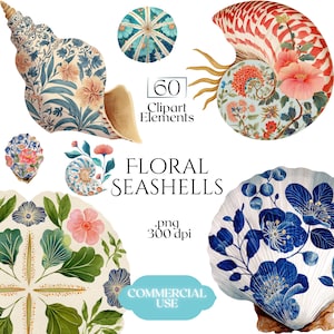 May include: A collection of watercolor floral seashells in various shapes and sizes. The designs feature intricate floral patterns in shades of blue, peach, and green. Text includes "60 Clipart Elements", "FLORAL SEASHELLS", and "COMMERCIAL USE".