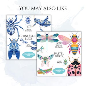 May include: Two digital art prints featuring watercolor illustrations of bugs. One print showcases blue and white Chinoiserie bugs, while the other displays pastel-colored bugs. Both prints include the text "60 Clipart Elements" and "Commercial Use".