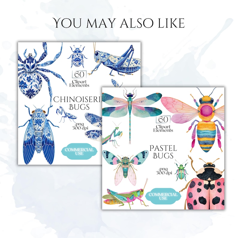 May include: Two digital art prints featuring watercolor illustrations of bugs. One print showcases blue and white Chinoiserie bugs, while the other displays pastel-colored bugs. Both prints include the text "60 Clipart Elements" and "Commercial Use".