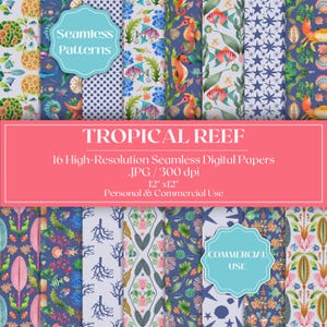 Tropical Reef Digital Paper, Coral Seashell Ocean Backgrounds, Tropical Fish & Seaweed Scrapbook Paper, Coastal Marine Seamless Pattern Pack