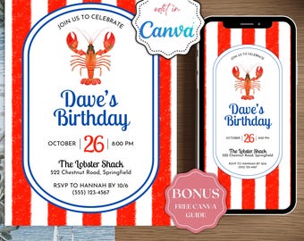 Lobster Invitation Template, Editable Nautical Birthday Invite, Coastal Party Canva Template for Printing or Sharing by Text Message