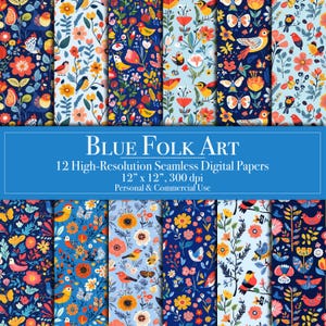 Papier numérique bleu art populaire, papier de scrapbooking numérique sans couture Scandi, usage commercial, fond de journal indésirable, fabrication de cartes imprimable bricolage