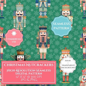 Può includere: Un motivo digitale senza cuciture con colorati schiaccianoci natalizi su sfondo verde con fiocchi di neve. Gli schiaccianoci sono in vari colori, tra cui rosso, blu e oro. Il motivo include il testo "Christmas Nutcrackers" e "Motivo digitale senza cuciture ad alta risoluzione 30.48cm X 30.48cm @ 300 DPI JPG & PNG."