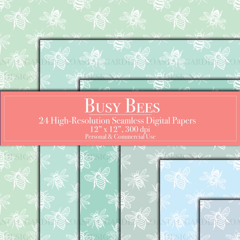 Pastel Busy Bees Digital Paper Bundle, Seamless Pattern Set, Scrapbook ...
