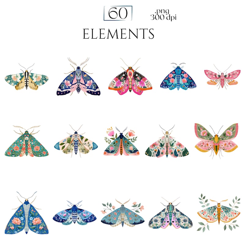 Folk Art Moths Clipart, Floral Moth PNG Illustrations, Decorative Botanical Insect Graphics (60 Files, Transparent Background)