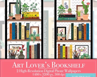 Art Lovers Bookshelf iPhone Android Wallpapers, Art Books Digital Download, Unique Homescreen + Lock Screen Backgrounds Book Lover's Gift