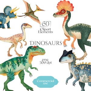 Op de afbeelding: Waterverfillustraties van verschillende dinosaurussen in tinten blauw, groen, oranje en bruin. De afbeelding bevat een Triceratops, Pterodactylus en andere dinosaurussoorten. Tekst bevat "60 Clipart Elements" en "DINOSAURS".