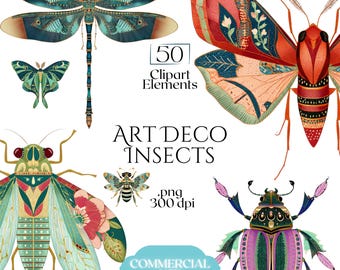 Imágenes prediseñadas de insectos art déco, gráficos vintage de insectos, ilustraciones modernas de cigarras, libélulas y polillas (50 archivos, fondo transparente)