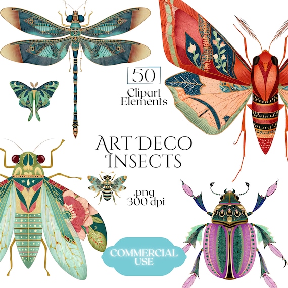 Art Deco Insect Clipart, Vintage Bug Graphics, Modern Cicada Dragonfly Moth Illustrations (50 Files, Transparent Background)