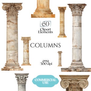 Imágenes prediseñadas de columnas, pilares griegos romanos clásicos PNG, gráficos de columnas de mármol jónicas corintias antiguas (60 archivos, fondo transparente)