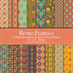 Retro Florals Digital Papers, bezszwowy wzór papieru do scrapbookingu do użytku komercyjnego, natychmiastowy dziennik śmieci do pobrania, do druku, kwiaty modowe, zrób to sam