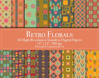 Retro Florals Digital Papers, Seamless Pattern Scrapbook Paper Commercial Use, Instant Download Junk Journal, Printable, Mod flowers,  DIY