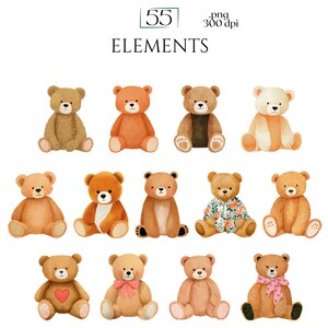 Teddy Bear Clipart, Cute Bear PNG Graphics, Baby Shower & Nursery Illustrations (55 Files, Transparent Background)