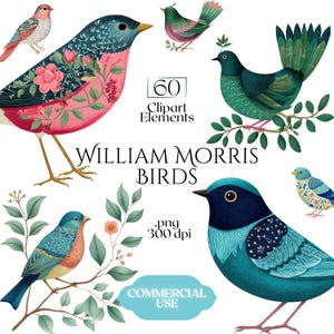 William Morris Birds Clipart, Morris-Inspired PNG Graphics, Arts & Crafts Bird Illustrations (60 Files, Transparent Background)