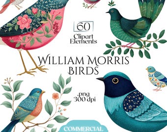 Imágenes prediseñadas de aves de William Morris, gráficos PNG inspirados en Morris, ilustraciones de aves para artes y manualidades (60 archivos, fondo transparente)
