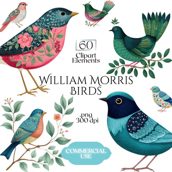 William Morris Birds Clipart, Morris-Inspired PNG Graphics, Arts & Crafts Bird Illustrations (60 Files, Transparent Background)