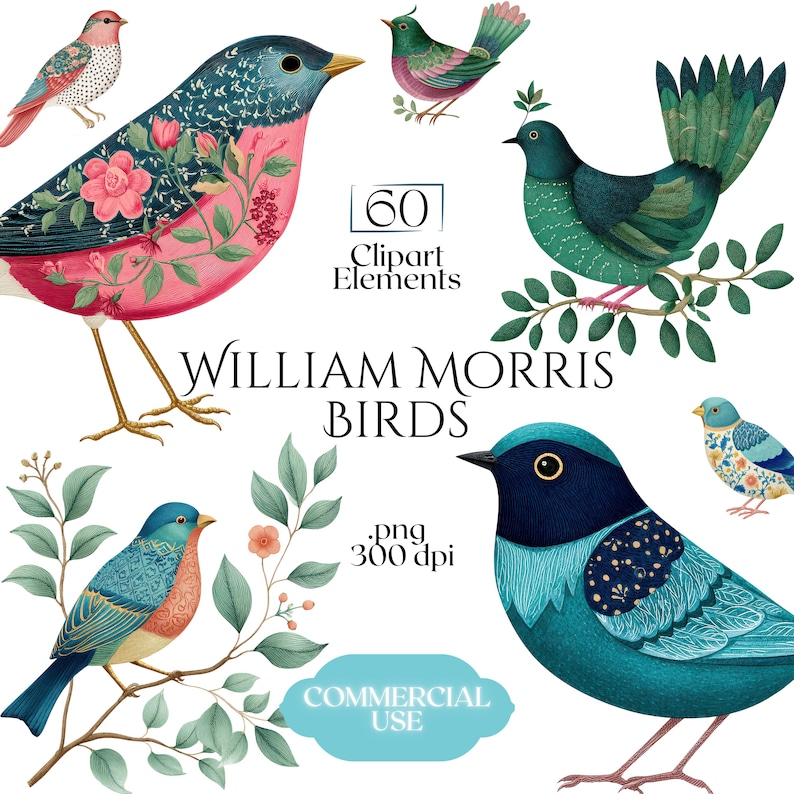 William Morris Birds Clipart, Morris-Inspired PNG Graphics, Arts & Crafts Bird Illustrations (60 Files, Transparent Background)