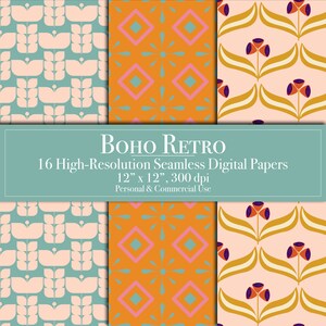 May include: A collection of 16 high-resolution seamless digital papers featuring three distinct patterns: light pink floral shapes on a teal background, pink and teal geometric diamonds on orange, and purple flowers on light pink with 12" x 12" text.