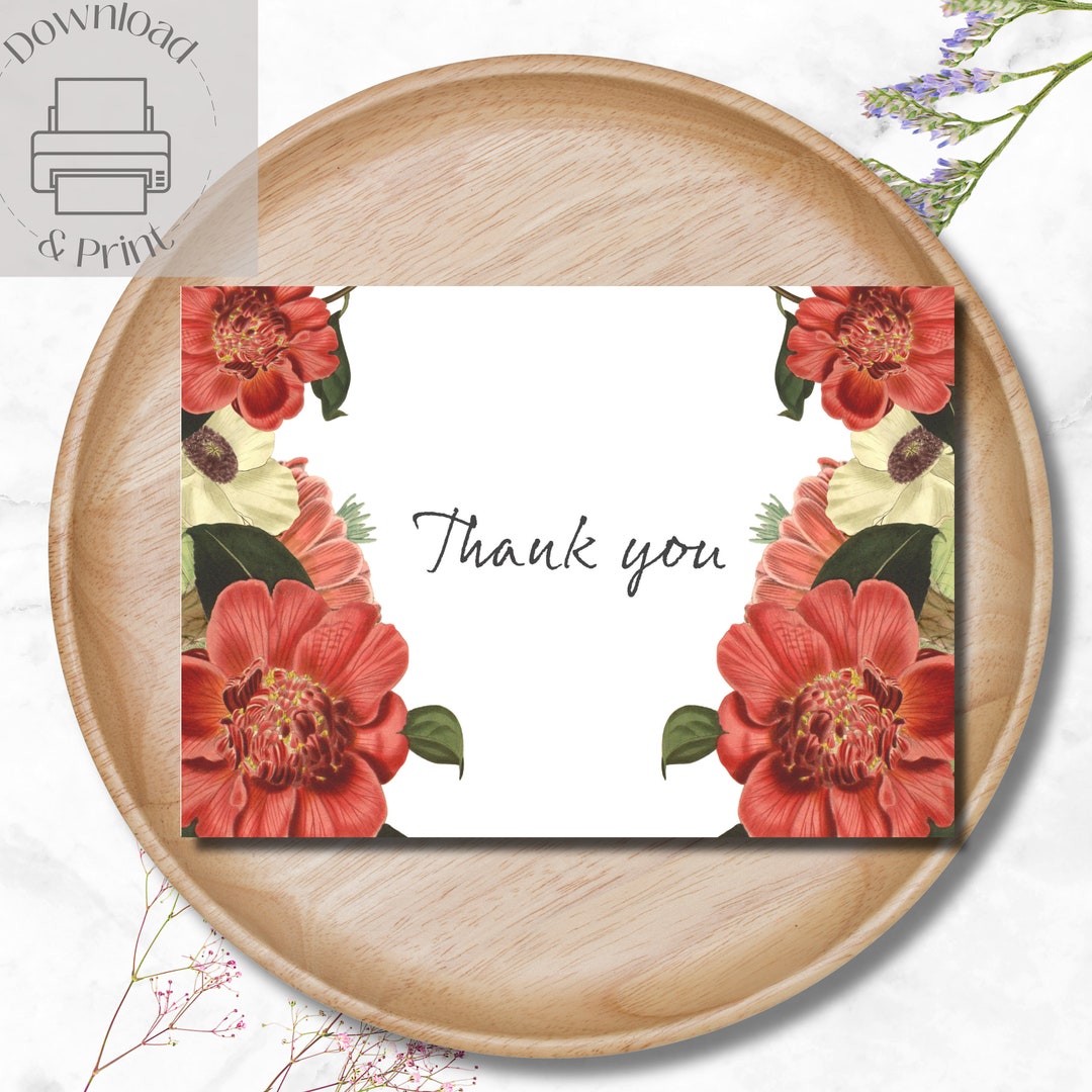 Pink Flowers Printable Thank You Card, Instant Download Print at Home ...