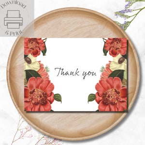 Biglietto di ringraziamento stampabile con fiori rosa, download istantaneo Stampa a casa Biglietto di ringraziamento floreale Cartoline last minute con busta fai da te Botanico vintage