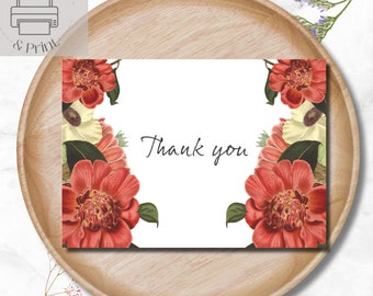 Pink Flowers Printable Thank You Card, Instant Download Print at Home Floral Thanks Card Last Minute Cards w/ DIY Envelope Vintage Botanical