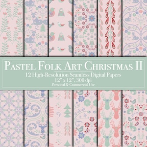 Papel digital pastel de Natal de arte popular, planejador de scrapbook digital sem costura, plano de fundo de diário de lixo para uso comercial, cartão para impressão, faça você mesmo