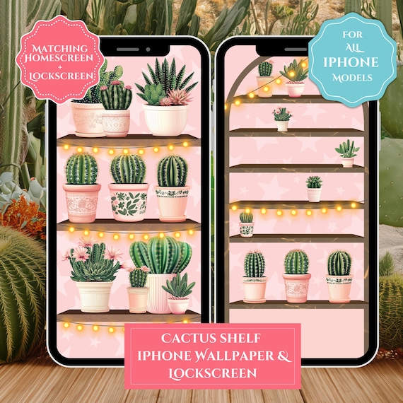 Cactus Shelf Wallpaper for Iphone, Plant Lock Screen and Wallpaper Matching  Duo, Cacti Plant Lover's Gift - Etsy