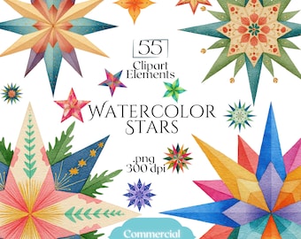 Watercolor Stars Clipart, Bright Celestial Star Graphics, Cosmic PNG Illustrations for Digital Art, Branding & Scrapbooking, Star Ephemera
