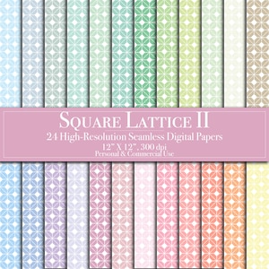May include: A set of 24 digital papers featuring a square lattice pattern in various pastel colors. The papers are 12 inches by 12 inches and 300 dpi. They are for personal and commercial use.