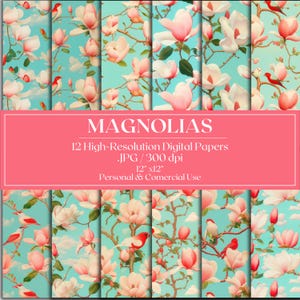 Op de afbeelding: Twaalf digitale papieren met een naadloos patroon van roze magnolia bloemen en rode vogels op een turquoise achtergrond. De papieren zijn 30,5 cm x 30,5 cm en 300 dpi.