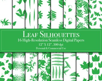 Green Leaves Digital Paper Leaf Silhouettes Seamless Pattern Scrapbook Paper Junk Journal Commercial Use Instant Download Printable Tropical