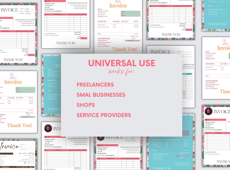 May include: A collection of invoice templates with floral and teal accents. The invoices are designed for freelancers, small businesses, shops, and service providers. The text "UNIVERSAL USE" is displayed.