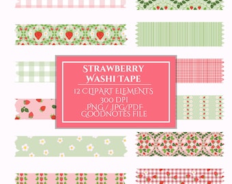 May include: Twelve digital clipart elements of strawberry themed washi tape designs. The designs include gingham, stripes, floral, and polka dots in pink, green, and white.