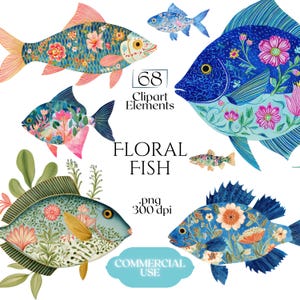Könnte beinhalten: Eine Sammlung digitaler Illustrationen verschiedener Fische, die mit komplexen Blumenmustern in Blau-, Rosa- und Grüntönen verziert sind. Das Bild enthält den Text 68 Clipart Elements, FLORAL FISH, .png 300 dpi und COMMERCIAL USE.