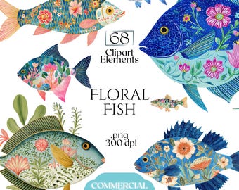 Floral Fish Clipart, Grandmillenial Fish Graphics, Chinoiserie Fish Illustrations  (68 Files, Transparent Background)
