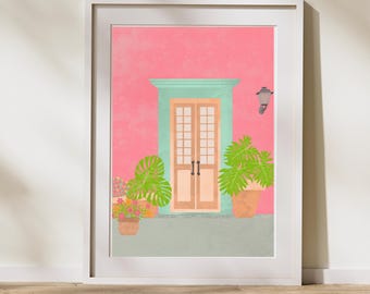 Tür in Athen Kunstdruck, traditionelle griechische Tür, digitale Malerei, rosa mediterrane Wanddekoration, druckbare Wohnzimmereingangswandkunst