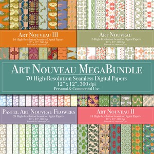 Mega Bundle di carte digitali Art Nouveau da 70 motivi senza soluzione di continuità, carta per scrapbooking, uso commerciale, download immediato, stampabile, diario spazzatura, Art Deco