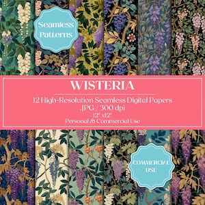 Papeles digitales de glicina de William Morris, estampados florales sin costuras, papel vintage para manualidades y álbumes de recortes, fondos imprimibles para manualidades.