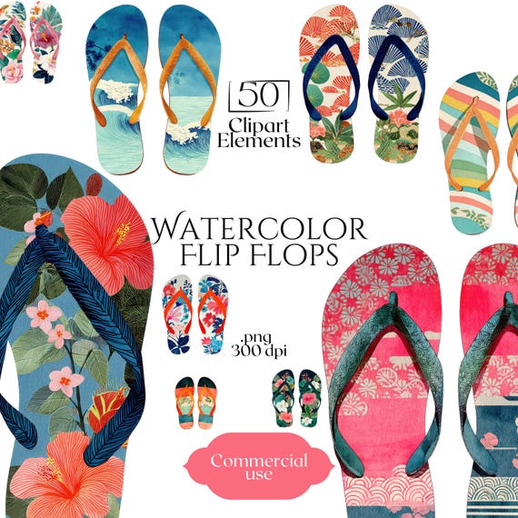 Flip Flops Clipart, Watercolor Summer Sandal PNG Bundle, Tropical Beach Footwear Illustrations, Hawaiian Floral Slippers, Commercial Use