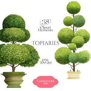 Peut inclure: Deux illustrations numériques d'arbres topiaires dans des pots décoratifs. L'arbre de gauche a trois niveaux de feuillage arrondis dans une jardinière verte. L'arbre de droite présente plusieurs sections de feuillage sphériques sur un tronc fin dans un pot clair. Le texte indique 58 Clipart Elements, TOPIARIES, .png 300 dpi et Commercial use.