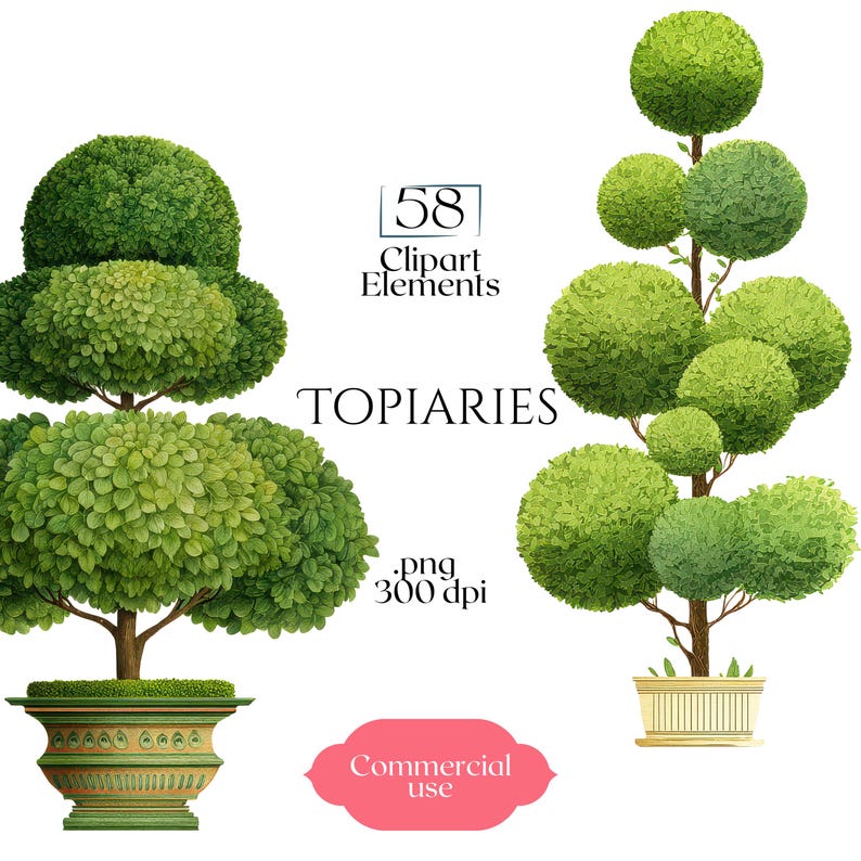 Topiary Clipart, Garden Tree Elements, Potted Greenery Clip Art, Formal Landscape Decorative Plant Illustrations Commercial Use Plant Images