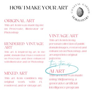 May include: A white graphic with text that reads "HOW I MAKE YOUR ART" and details about the art creation process. The text describes original, vintage, rendered vintage, mixed, and AI art. A Coastal Garden Design Studio logo is in the upper right.