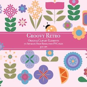 70 Retro Element Clipart Set Glad Blommig Clip Art-samling Söt Klistermärke Boho Festdekorationer Hantverk Inbjudningar Skräpjournal Blommor