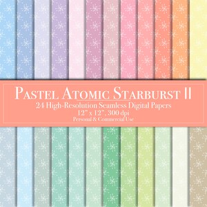May include: A set of 24 digital papers featuring a pastel color palette with a white starburst pattern. The papers are 12 inches by 12 inches and 300 dpi.  PASTEL ATOMIC STARBURST II, 24 High-Resolution Seamless Digital Papers, 12" x 12", 300 dpi, Personal & Commercial Use.