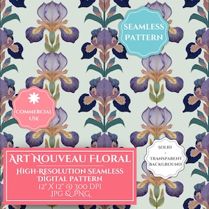 May include: A digital pattern featuring Art Nouveau floral design with purple irises and green leaves on a light green background. The image includes text that reads "ART NOUVEAU FLORAL" and "HIGH-RESOLUTION SEAMLESS DIGITAL PATTERN 12" X 12" @ 300 DPI JPG & PNG."