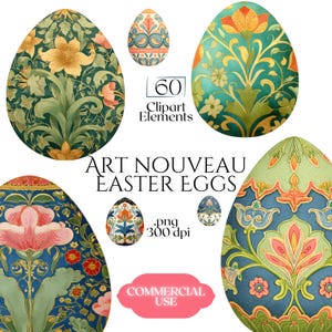 May include: A selection of Art Nouveau Easter egg designs with detailed floral patterns in green, blue, orange, and pink. The image includes text: "60 Clipart Elements", "Art Nouveau Easter Eggs", and "Commercial Use".