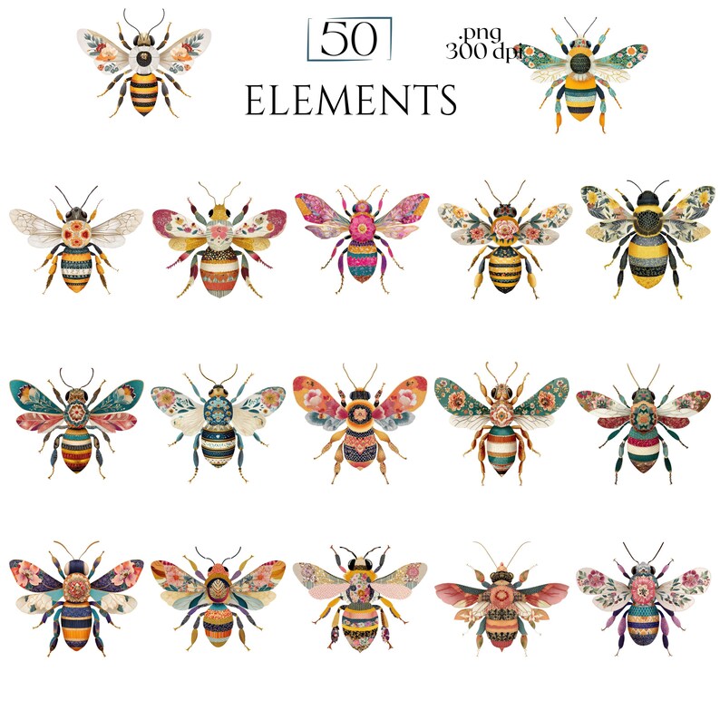 Patchwork Bee Clipart, Quilted Bees PNG Images, Decorative Bee Graphics (50 Files, Transparent Background)