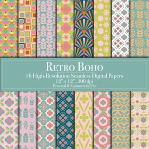 Retro digitale papers, Boho naadloos patroon plakboekpapier commercieel gebruik, Instant Download Junk Journal, afdrukbaar, mod bloemen, sterren DIY